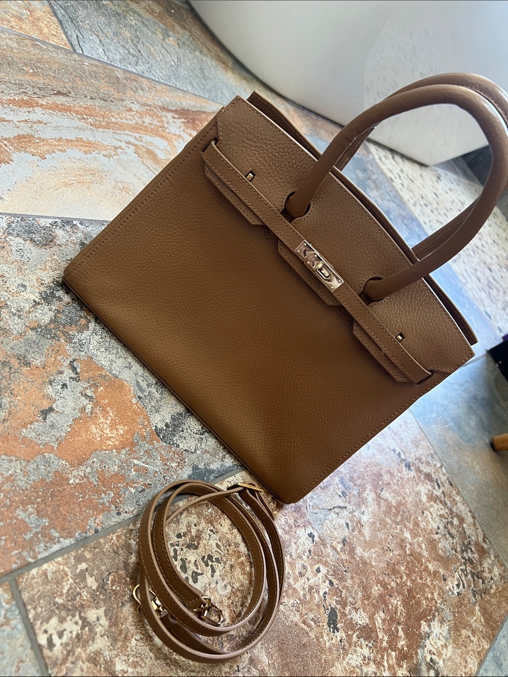 Classic Top-Handle Leather Satchel in tan